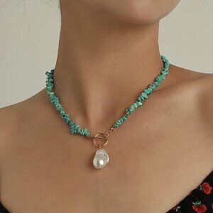 NEW Dyani Blue Turquoise Natural Stone and Mabe Pearl Drop Toggle Necklace